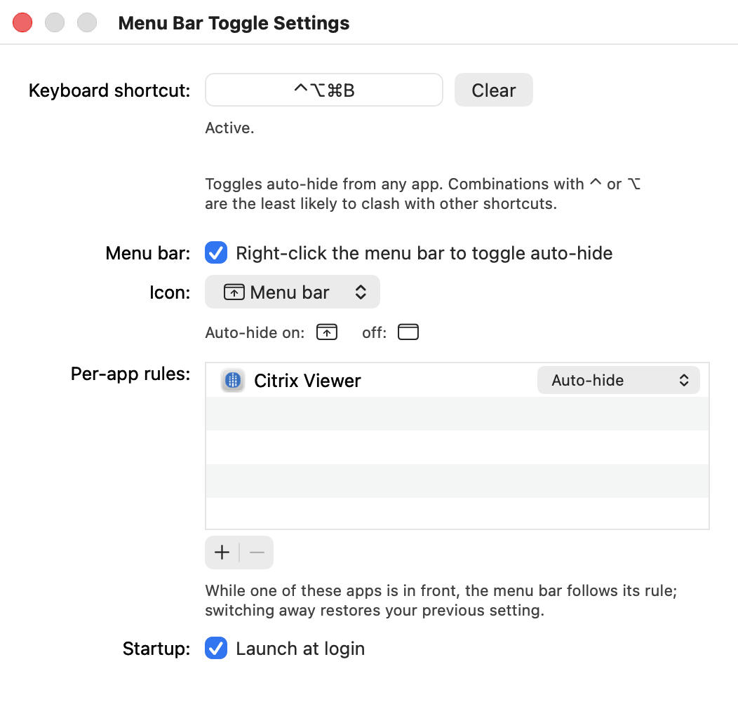 Menu Bar Toggle's settings window: keyboard shortcut, right-click option, icon style, per-app rules, launch at login.